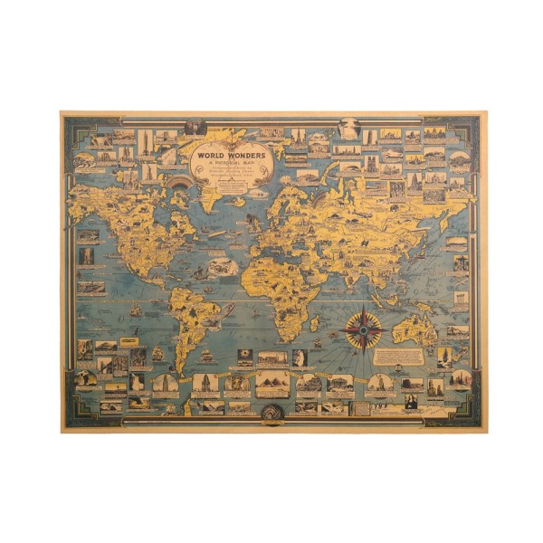 Poster Map of the Wonders of the World, antiqued paper, 68.5 x 51.5 cm